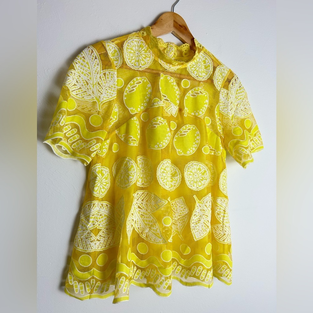 Anthropologie Yellow Lace Appliqué Short-Sleeve Blouse - Picture 3 of 10